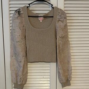 ME Makeover Essentials Beige Sweater with Floral Sheer Sleeves